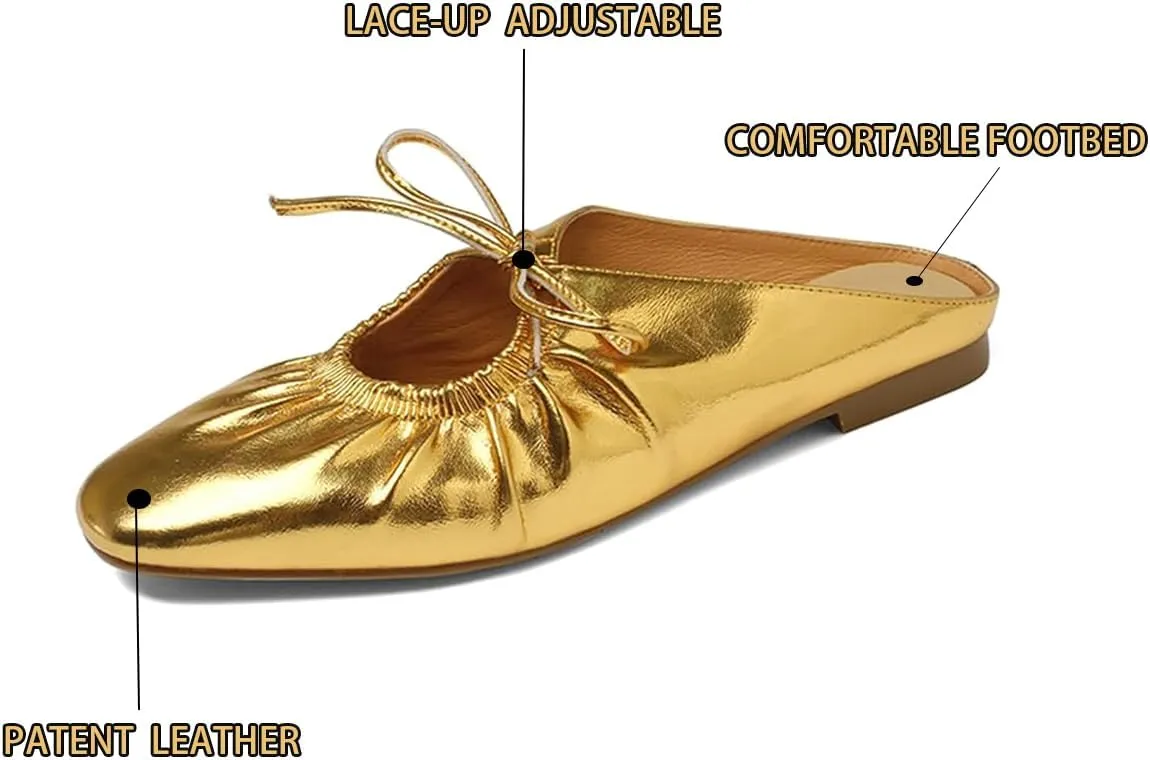 Women's Leather Lace Up Slingback Flat Mules,Closed Toe Square Toe Ballet Flats, Casual Comfortable Dressy Dating Work Shoes for Women, Gold