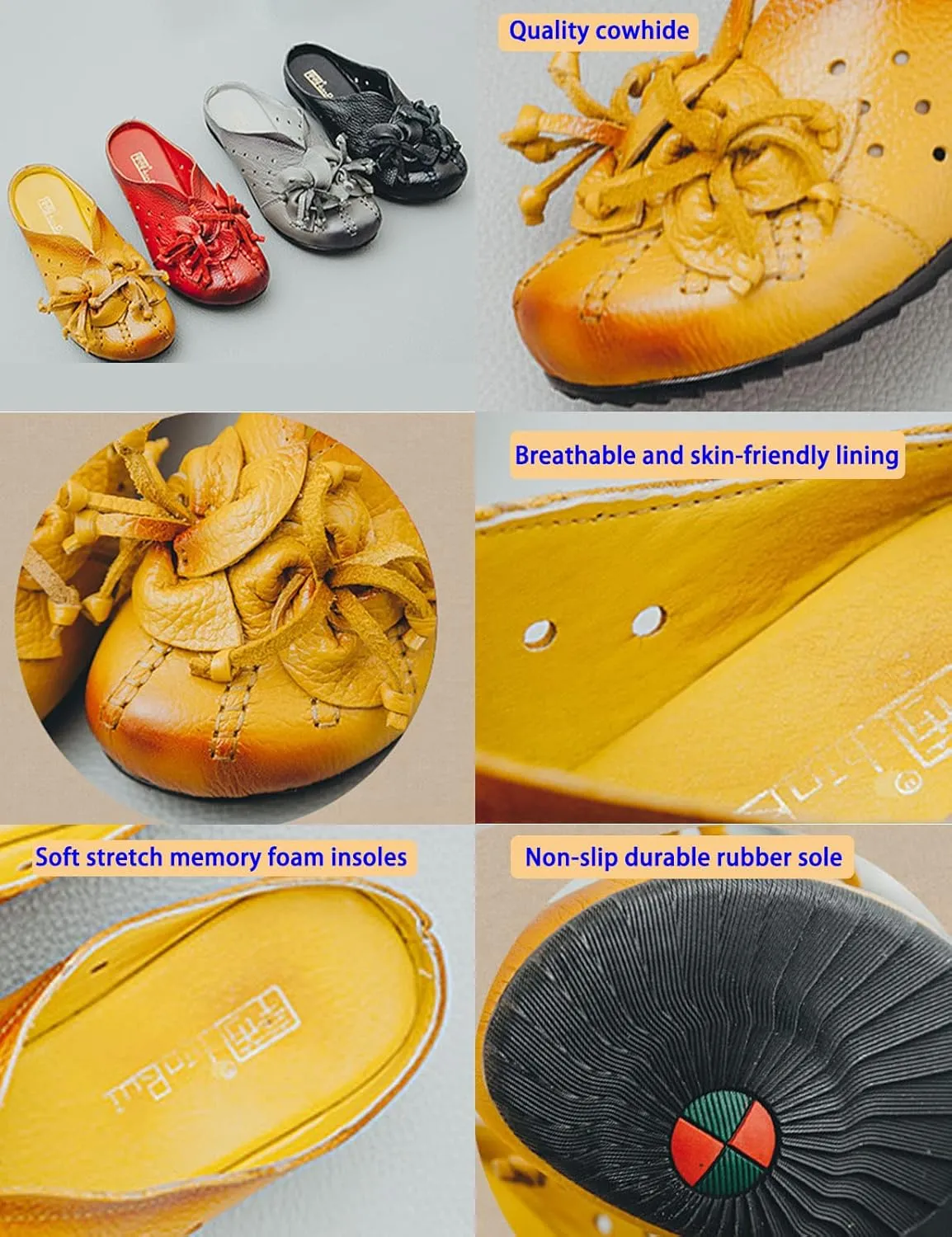 Women's Leather Mules Clog Slippers,Vintage Flower Comfy Cutout Breathable Backless Flat Slip-on Shoes Casual Loafers