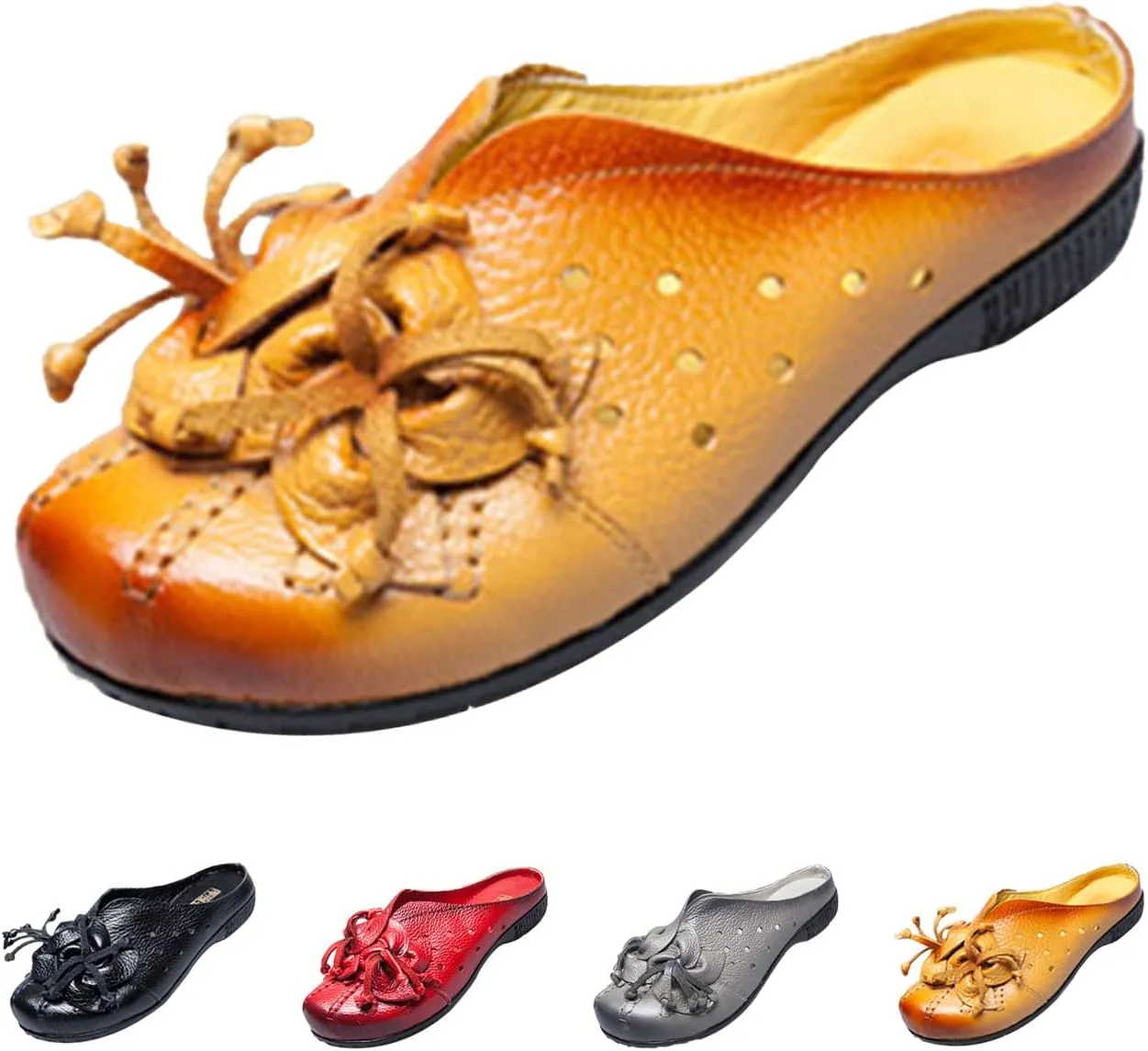 Women's Leather Mules Clog Slippers,Vintage Flower Comfy Cutout Breathable Backless Flat Slip-on Shoes Casual Loafers
