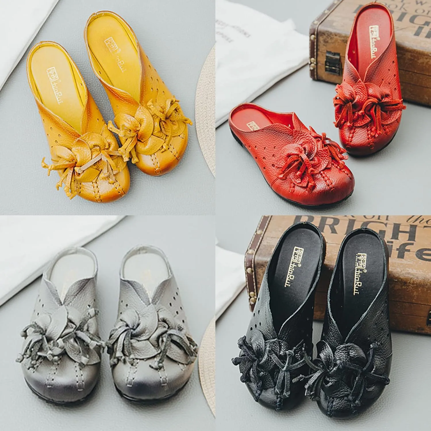 Women's Leather Mules Clog Slippers,Vintage Flower Comfy Cutout Breathable Backless Flat Slip-on Shoes Casual Loafers