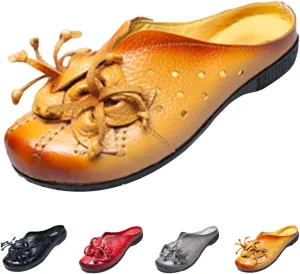 Women's Leather Mules Clog Slippers,Vintage Flower Comfy Cutout Breathable Backless Flat Slip-on Shoes Casual Loafers