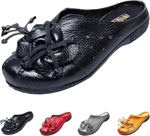Women's Leather Mules Clog Slippers,Vintage Flower Comfy Cutout Breathable Backless Flat Slip-on Shoes Casual Loafers