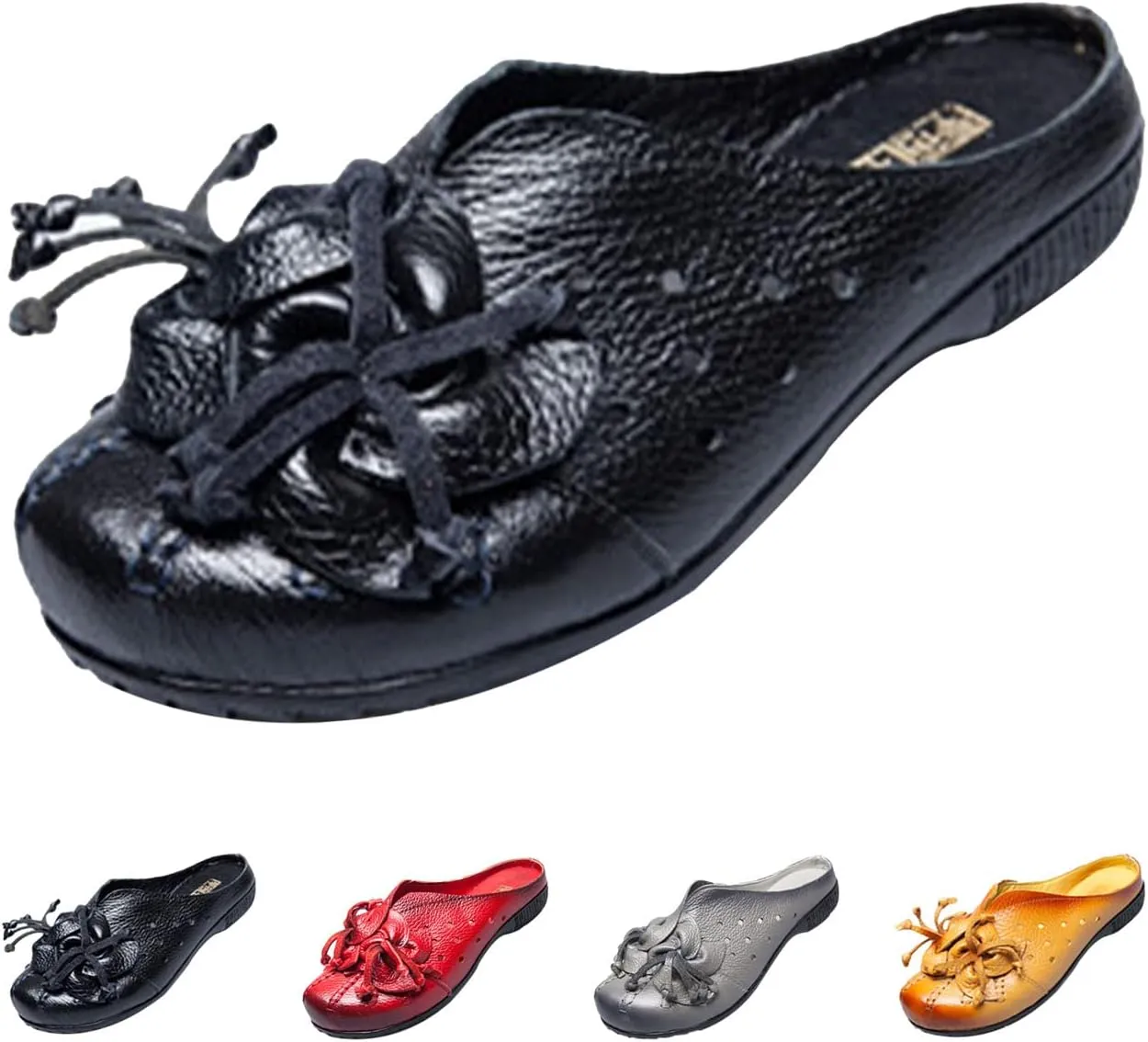 Women's Leather Mules Clog Slippers,Vintage Flower Comfy Cutout Breathable Backless Flat Slip-on Shoes Casual Loafers
