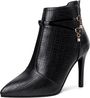 Women'S Leather Pointed Toe Stiletto Ankle Boots Fall Winter Fashion Back Zipper High Heel Dress Booties For Date Party Evening