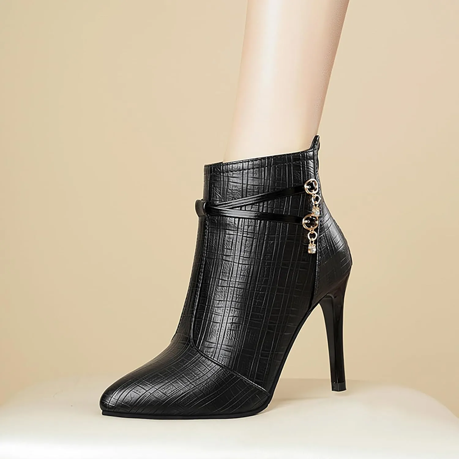 Women'S Leather Pointed Toe Stiletto Ankle Boots Fall Winter Fashion Back Zipper High Heel Dress Booties For Date Party Evening