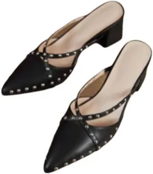Women's Leather Rivet Closed Pointed Toe Block Heel Mules Fashion strappy Slip-On Slingback chunky mid Heels Slingback sandals for Summer Business Wedding Dress Office