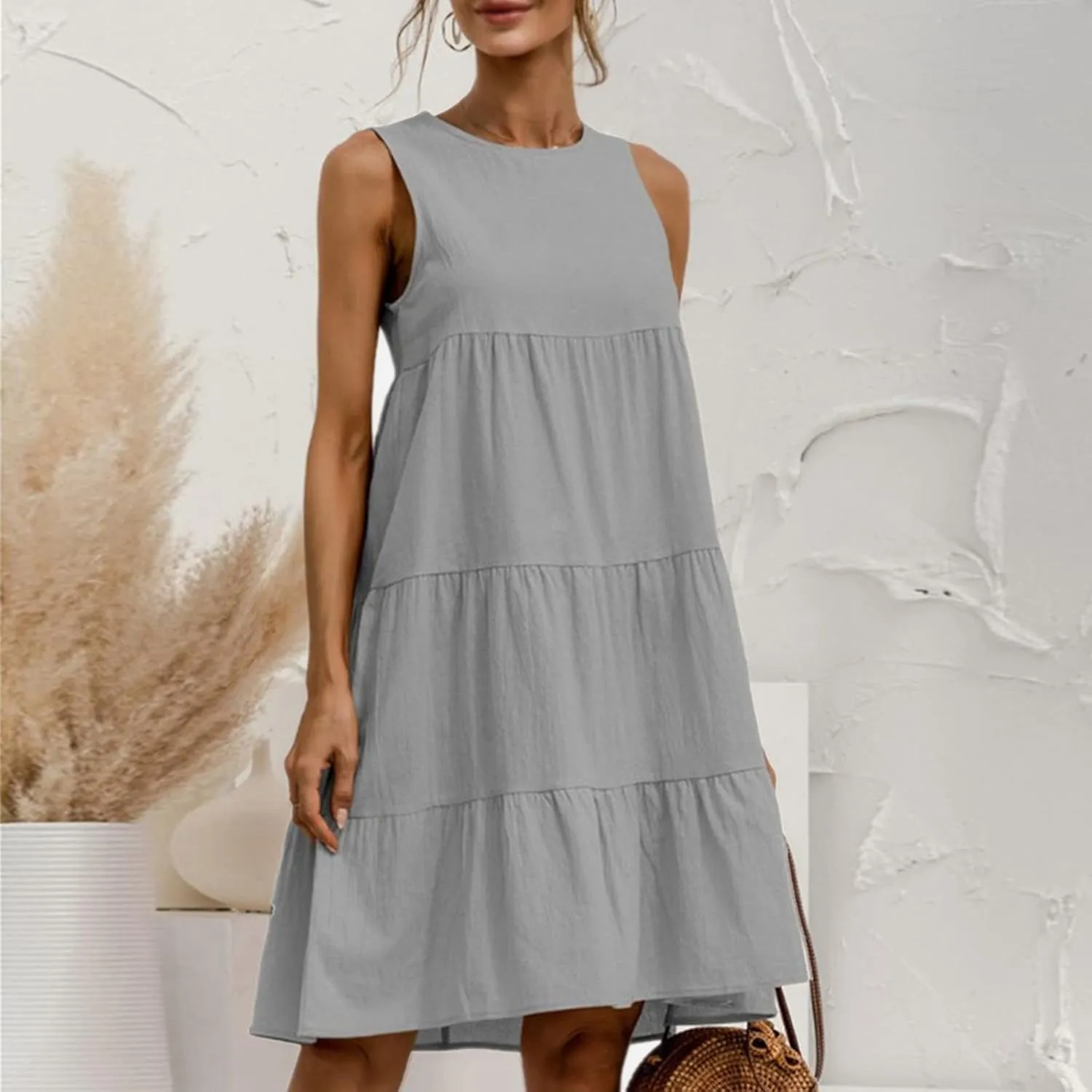 Womens Linen Midi Dress Summer Casual Sleeveless A-Line Tshirt Dress Loose Comfy Lightweight Beach Sundress