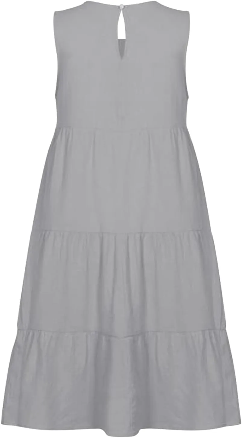 Womens Linen Midi Dress Summer Casual Sleeveless A-Line Tshirt Dress Loose Comfy Lightweight Beach Sundress