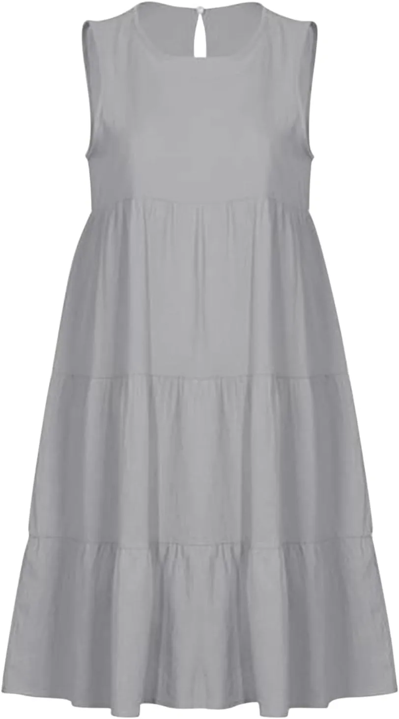 Womens Linen Midi Dress Summer Casual Sleeveless A-Line Tshirt Dress Loose Comfy Lightweight Beach Sundress