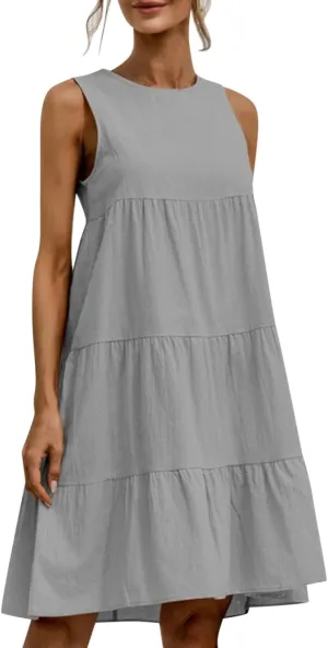 Womens Linen Midi Dress Summer Casual Sleeveless A-Line Tshirt Dress Loose Comfy Lightweight Beach Sundress