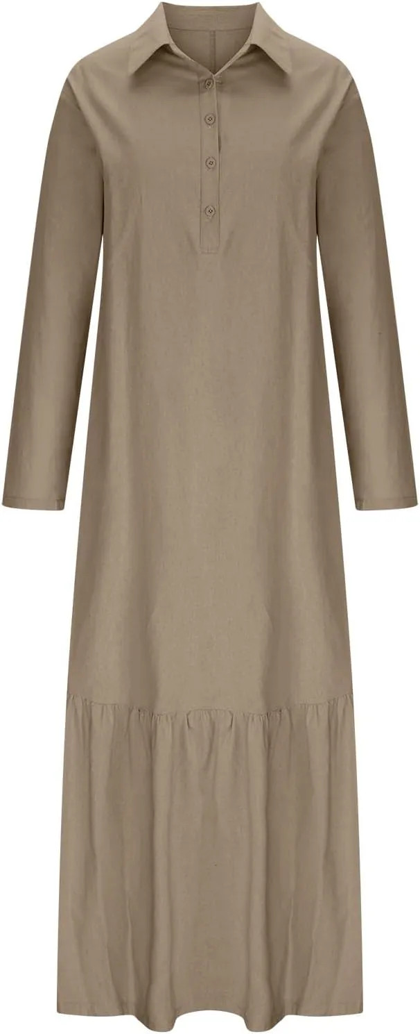 Womens Long Sleeve Bohemian Cotton Linen Dresses Casual Button Loose Maxi Long Dress Trendy Boho Dresses w Pockets