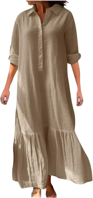 Womens Long Sleeve Bohemian Cotton Linen Dresses Casual Button Loose Maxi Long Dress Trendy Boho Dresses w Pockets