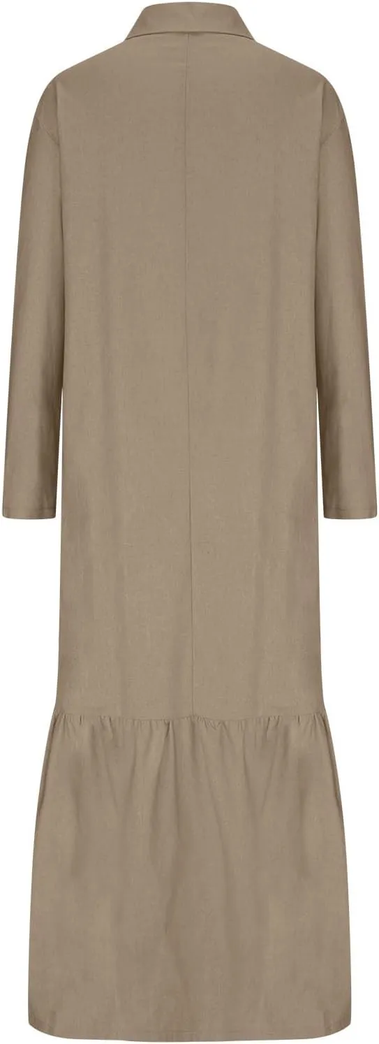 Womens Long Sleeve Bohemian Cotton Linen Dresses Casual Button Loose Maxi Long Dress Trendy Boho Dresses w Pockets