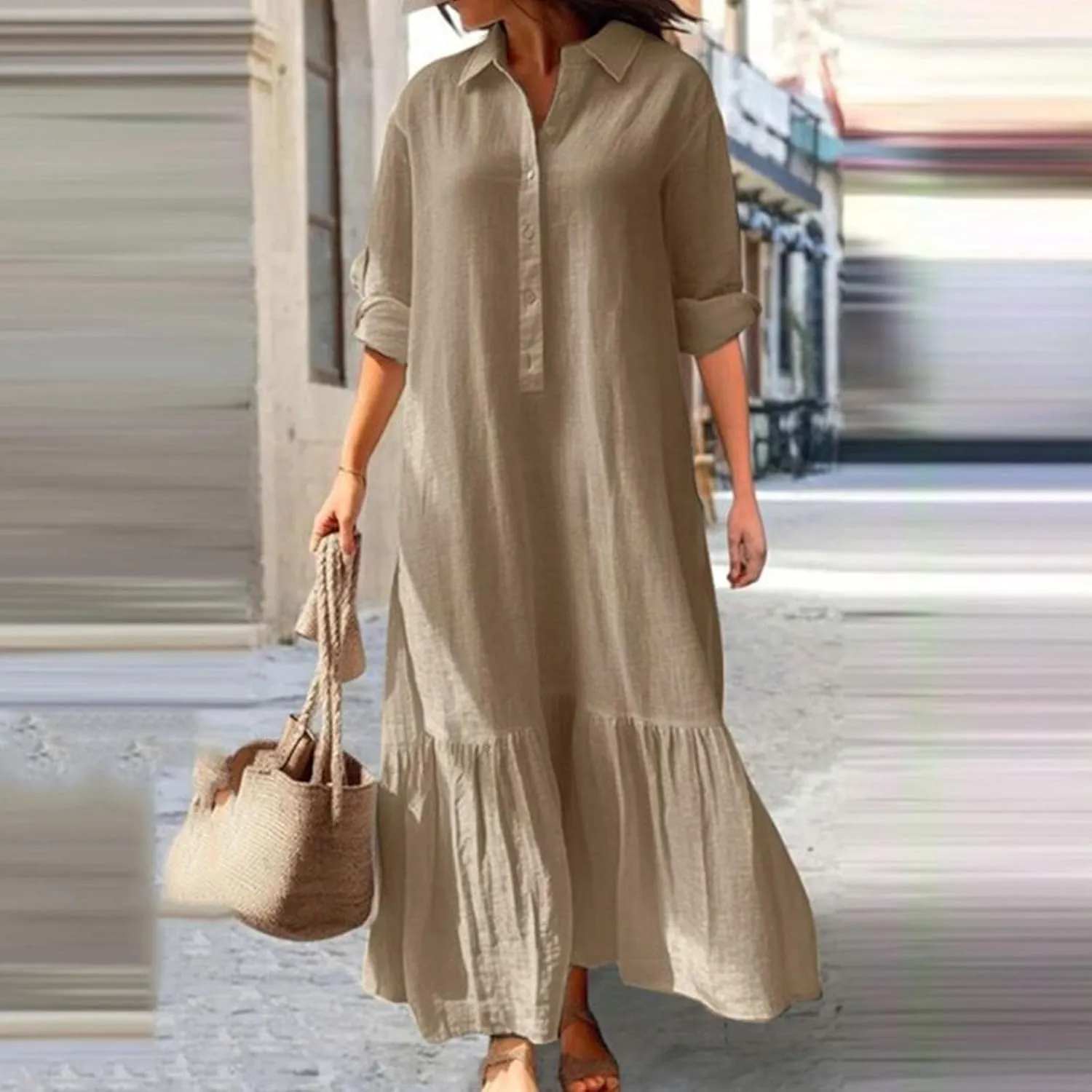 Womens Long Sleeve Bohemian Cotton Linen Dresses Casual Button Loose Maxi Long Dress Trendy Boho Dresses w Pockets