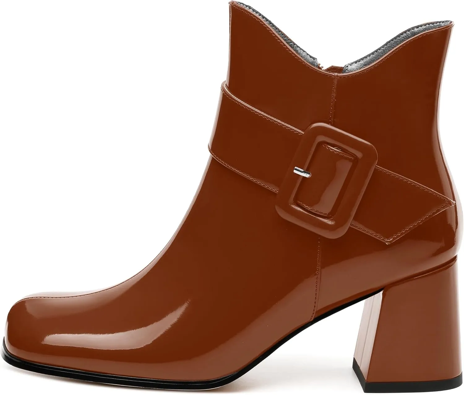 Women's Mid Heel Ankle Boots Square Toe Chunky Heel Short Boots Fashion Side Zipper Solid Patent Booties Comfortable Work Casual Boots