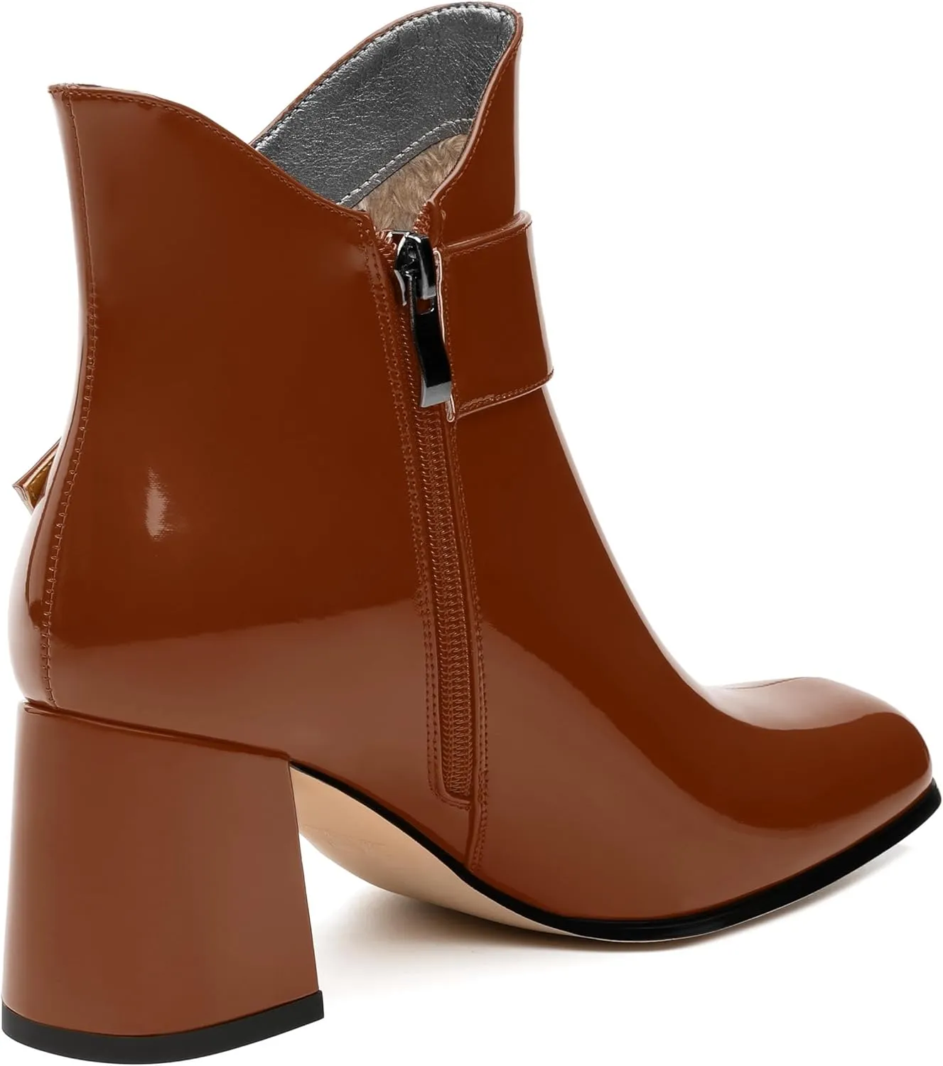 Women's Mid Heel Ankle Boots Square Toe Chunky Heel Short Boots Fashion Side Zipper Solid Patent Booties Comfortable Work Casual Boots