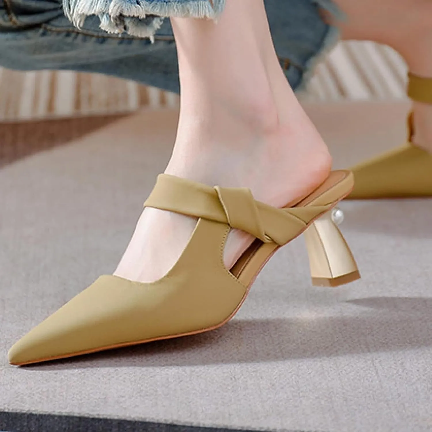Women's Mule Slide Sleeve Kitten Heel Casual Ultra-fine Fiber Pointed Backless Comfortable Bride Party Loafer Sandals