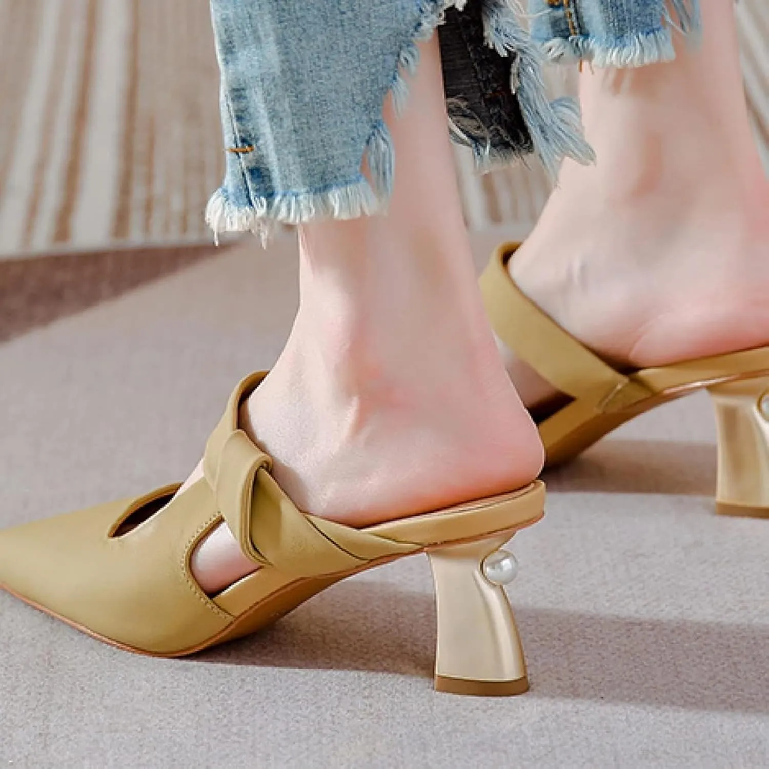 Women's Mule Slide Sleeve Kitten Heel Casual Ultra-fine Fiber Pointed Backless Comfortable Bride Party Loafer Sandals
