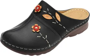 Women's Mules & Clogs Shoes Flowers Leather Loafers Flat Sandals Summer Comfort Work Clogs Slip on Slippers, Arch Support Orthopedic Sandals Antil Slip Closed Toe Loafer Mule