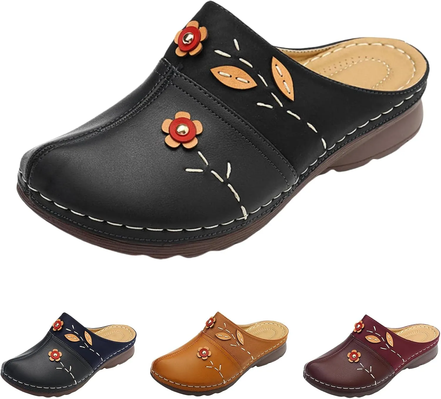 Women's Mules & Clogs Shoes Flowers Leather Loafers Flat Sandals Summer Comfort Work Clogs Slip on Slippers, Arch Support Orthopedic Sandals Antil Slip Closed Toe Loafer Mule