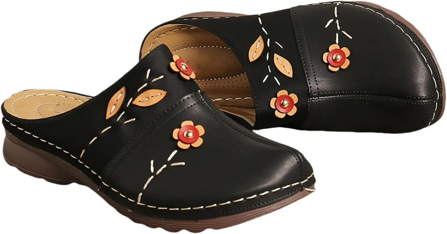 Women's Mules & Clogs Shoes Flowers Leather Loafers Flat Sandals Summer Comfort Work Clogs Slip on Slippers, Arch Support Orthopedic Sandals Antil Slip Closed Toe Loafer Mule