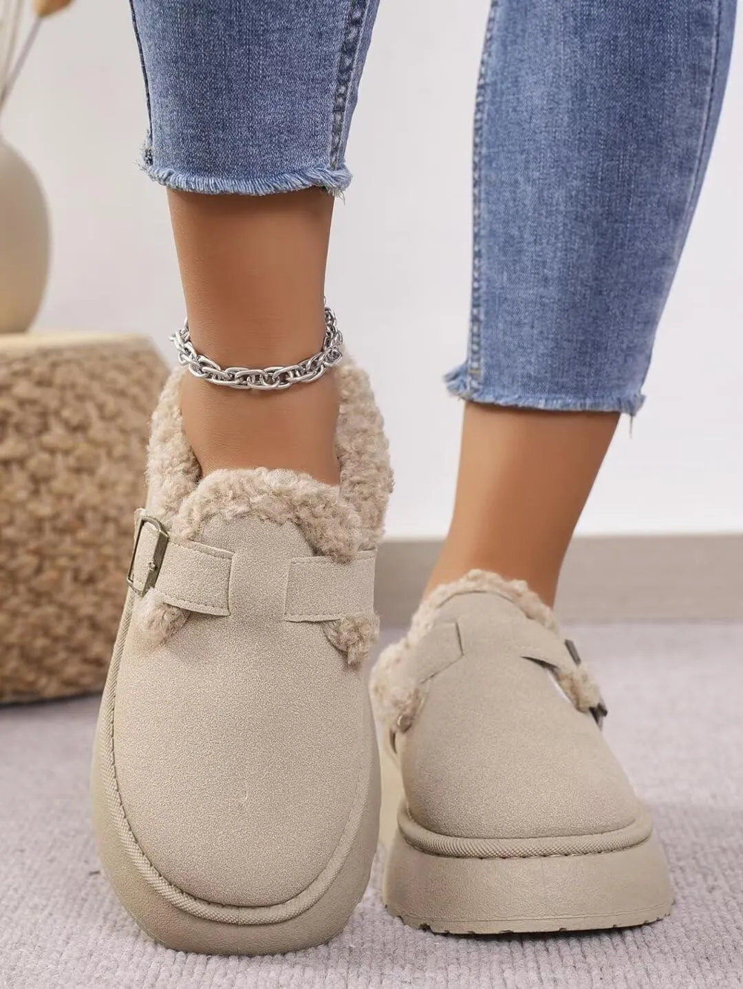 Women's Mules Suede Thick Sole Snow Slippers Fleece Lined Shoes Slip On Garden Clogs Indoor Outdoor
