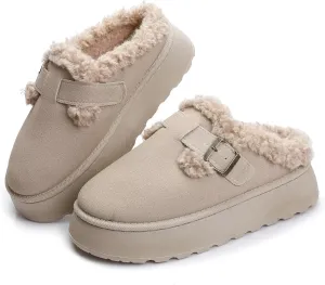 Women's Mules Suede Thick Sole Snow Slippers Fleece Lined Shoes Slip On Garden Clogs Indoor Outdoor