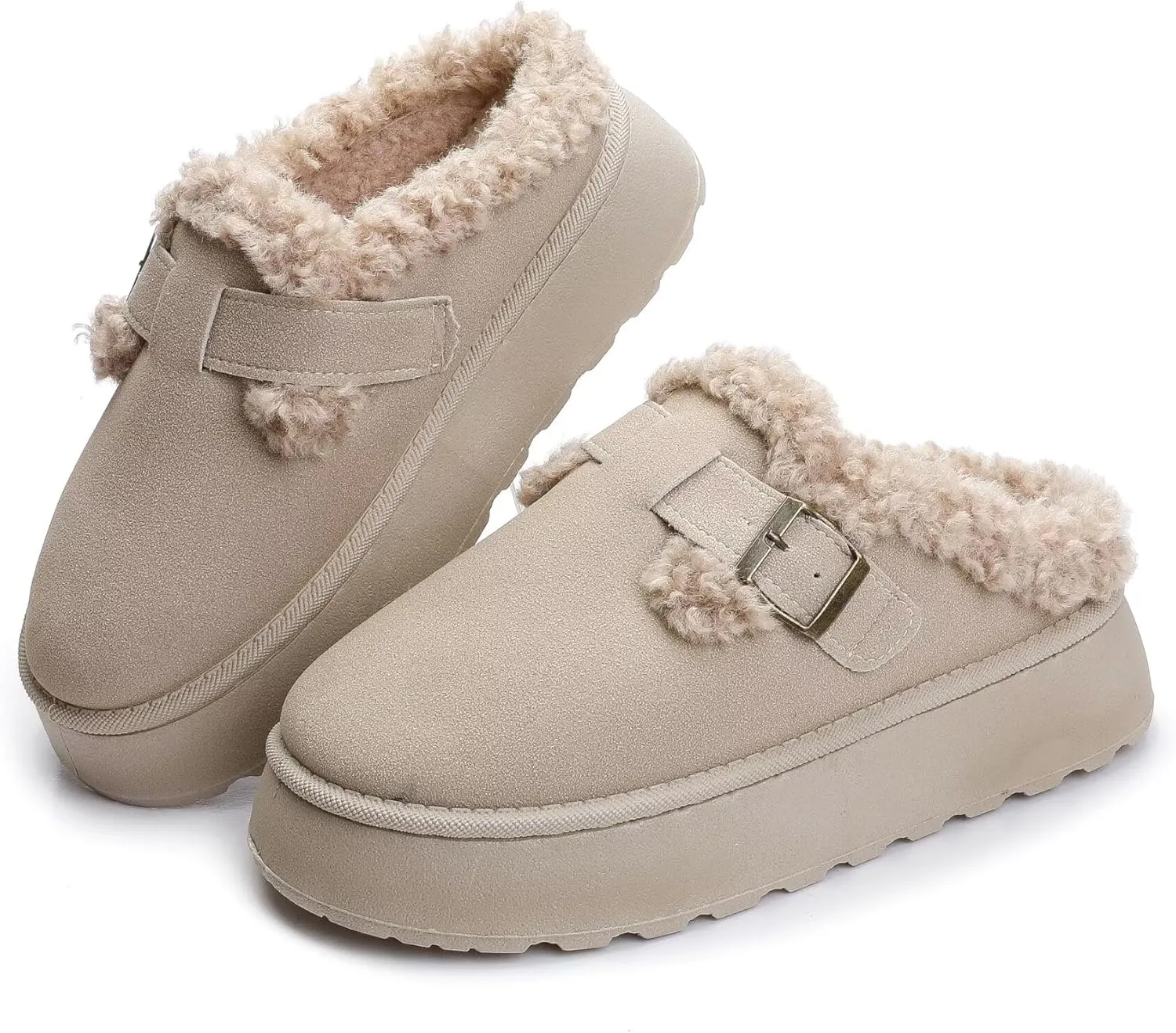 Women's Mules Suede Thick Sole Snow Slippers Fleece Lined Shoes Slip On Garden Clogs Indoor Outdoor