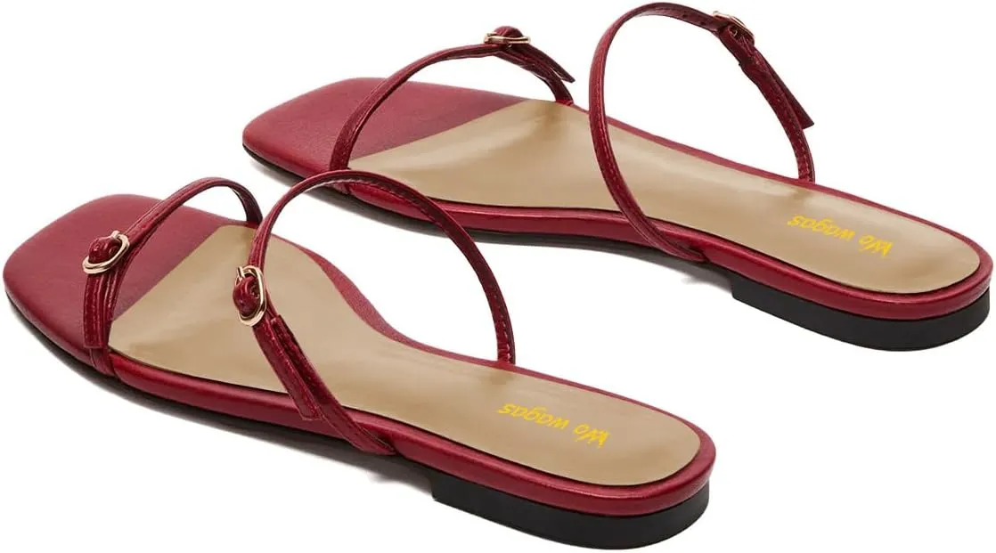 Women's Open Square Toe Flats Mules Slippers Dual Straps Slip On Slide Sandals Comfort Indoor Dress Shoes Size 4-16 US