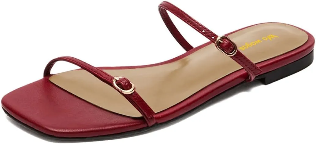Women's Open Square Toe Flats Mules Slippers Dual Straps Slip On Slide Sandals Comfort Indoor Dress Shoes Size 4-16 US
