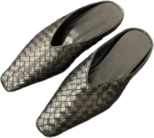 Women's Patent Leather Woven Flat Dress Clogs Mules Fashionable Closed Square Toe Breathable and Comfortable Non-Slip Slip-On Open Back Sandals Suitable for Party Dance Work