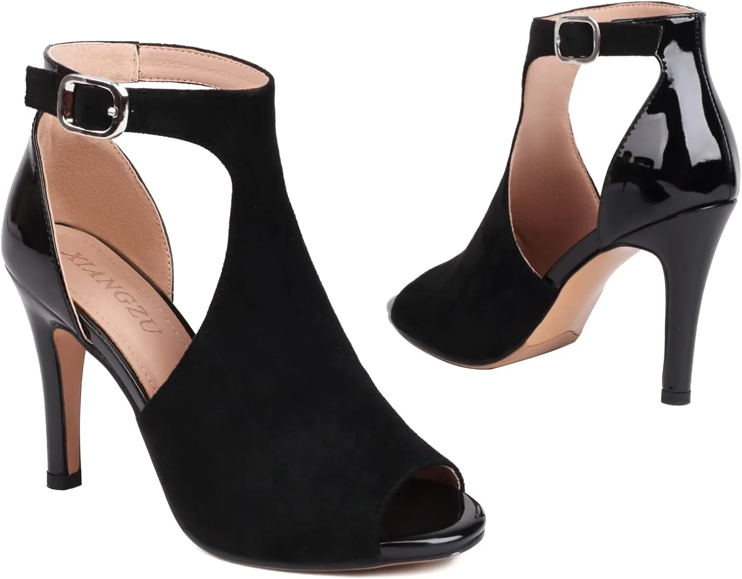 Women's Peep Toe High Heels 4 Inch Stiletto Suede Summer Open Toe Booties Sandals Dress Party Side Cutout Shoes