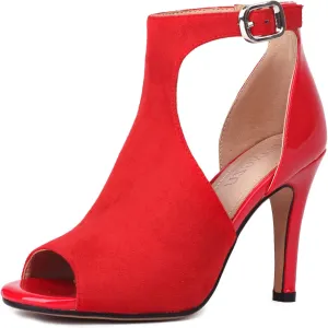 Women's Peep Toe High Heels 4 Inch Stiletto Suede Summer Open Toe Booties Sandals Dress Party Side Cutout Shoes