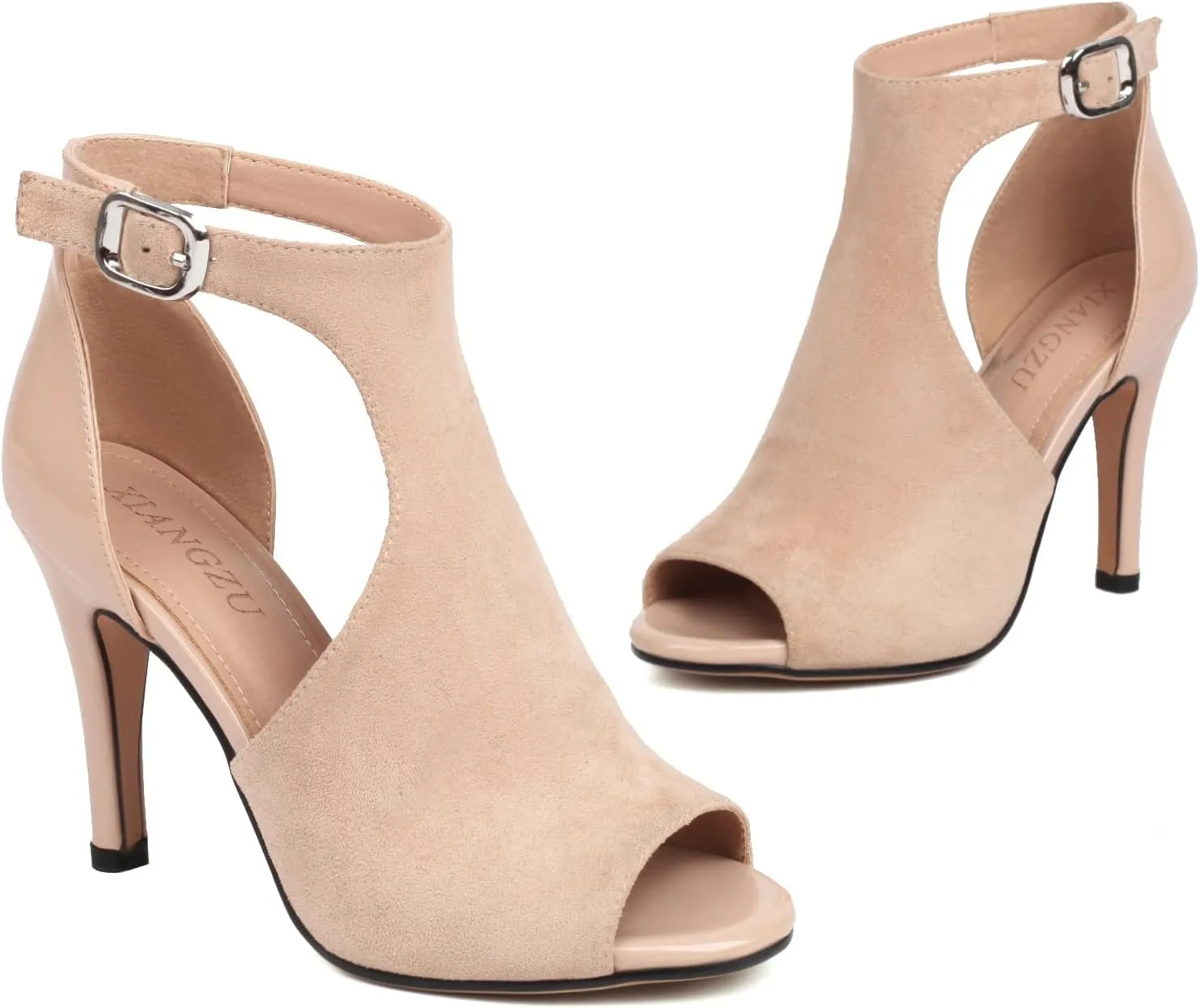 Women's Peep Toe High Heels 4 Inch Stiletto Suede Summer Open Toe Booties Sandals Dress Party Side Cutout Shoes