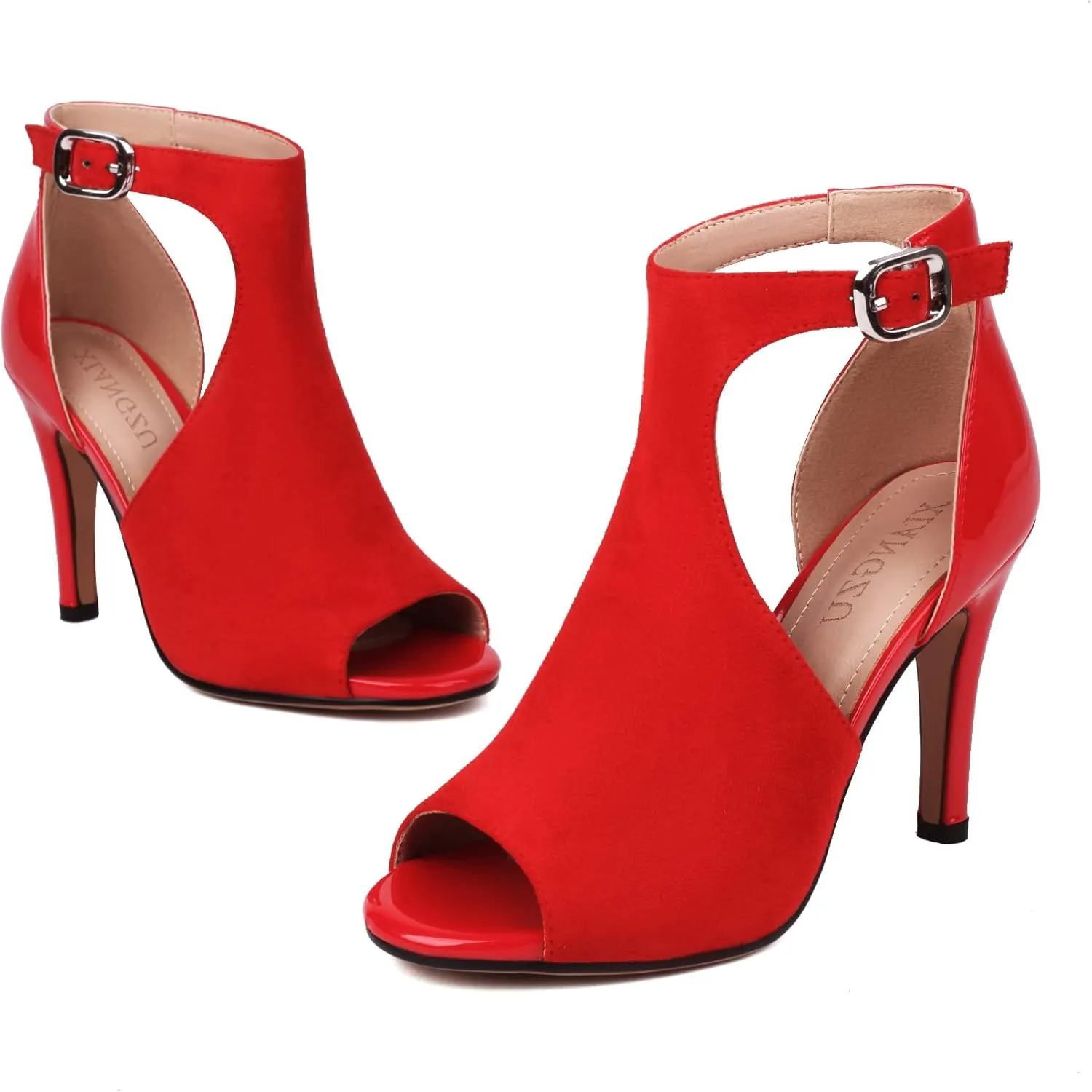 Women's Peep Toe High Heels 4 Inch Stiletto Suede Summer Open Toe Booties Sandals Dress Party Side Cutout Shoes