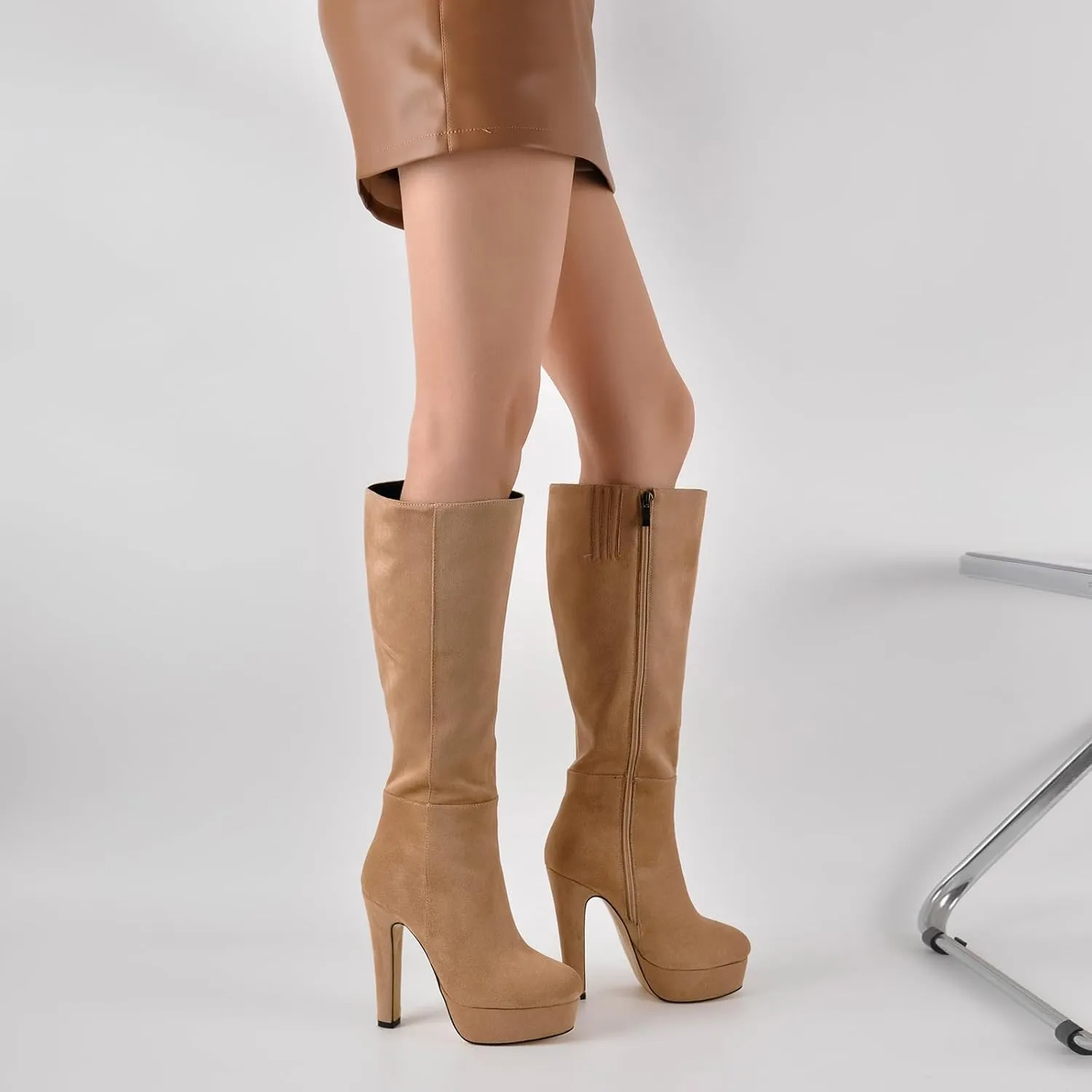 Women's Platform Knee High Boots Solid Color Side Zipper Block High Heels