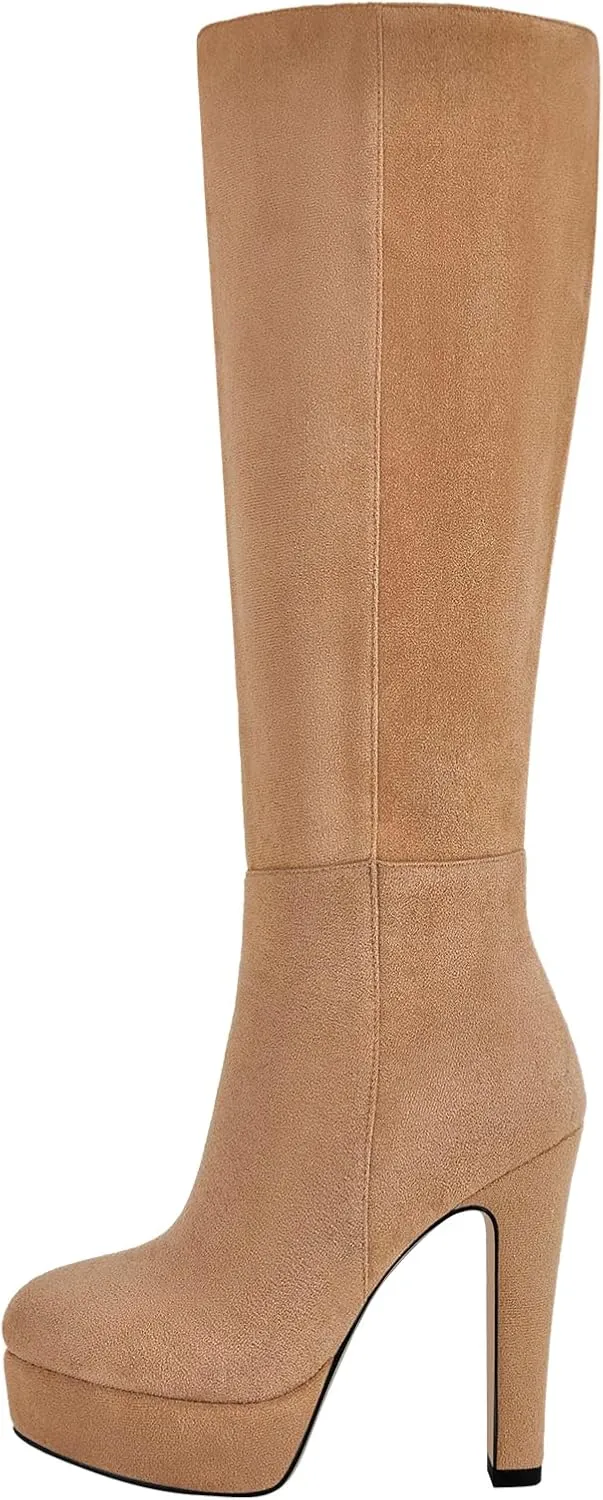 Women's Platform Knee High Boots Solid Color Side Zipper Block High Heels