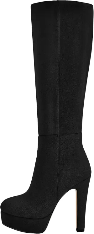 Women's Platform Knee High Boots Solid Color Side Zipper Block High Heels