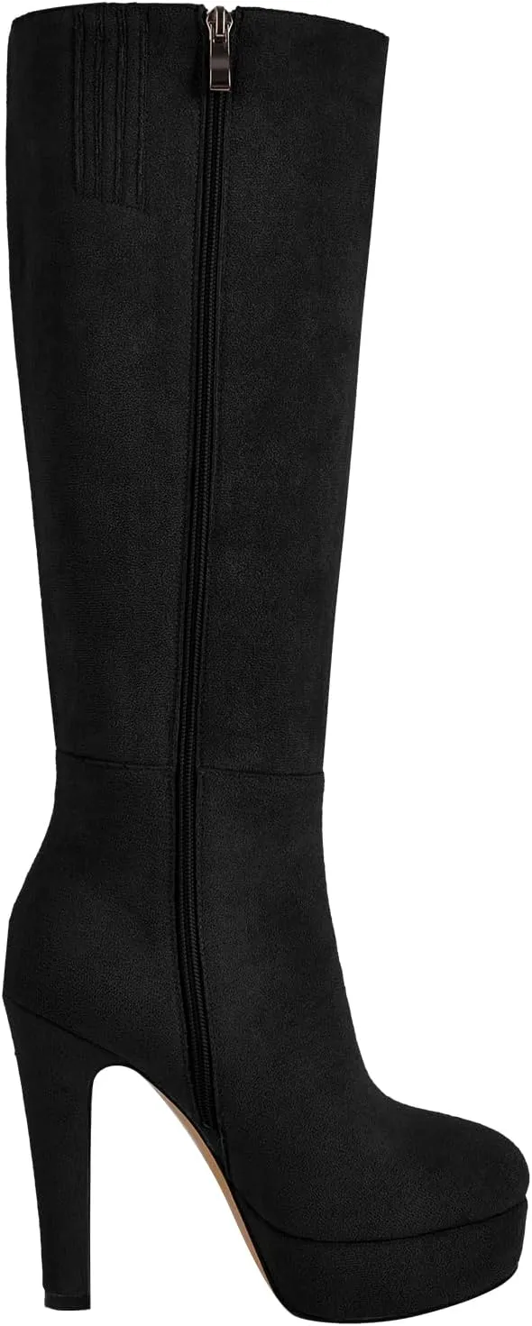 Women's Platform Knee High Boots Solid Color Side Zipper Block High Heels