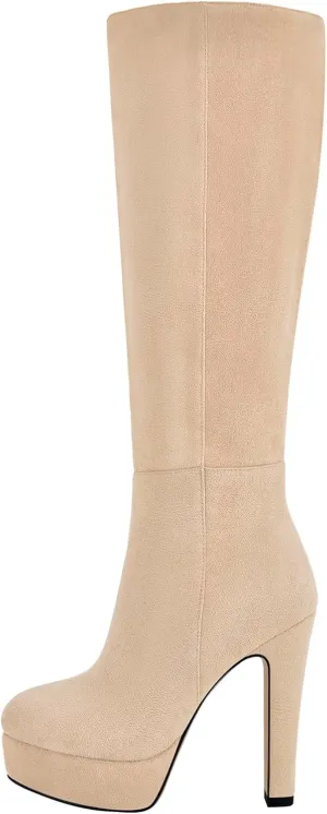 Women's Platform Knee High Boots Solid Color Side Zipper Block High Heels