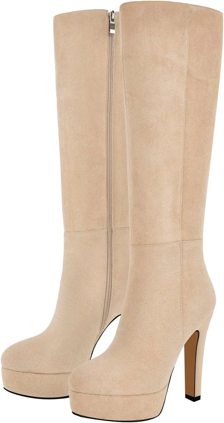 Women's Platform Knee High Boots Solid Color Side Zipper Block High Heels