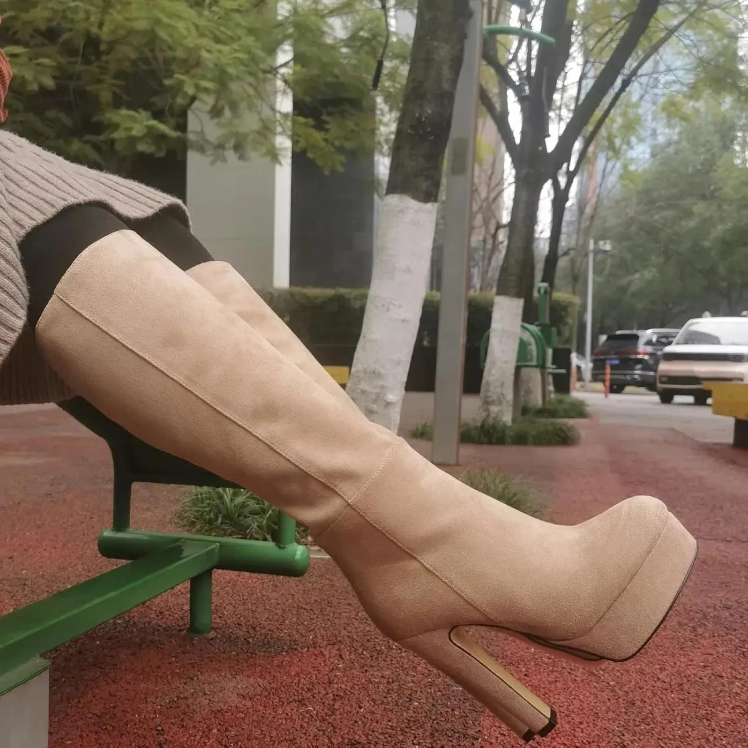 Women's Platform Knee High Boots Solid Color Side Zipper Block High Heels