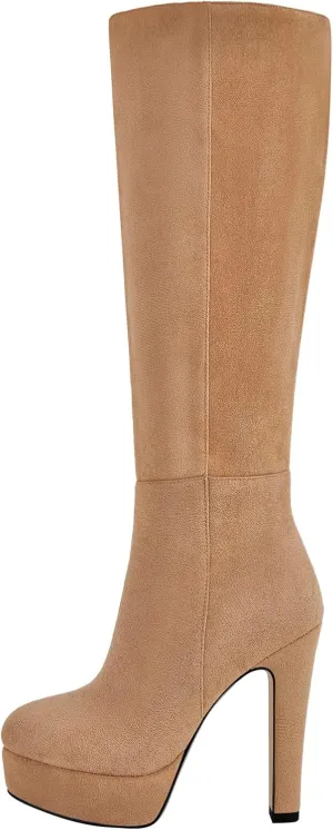 Women's Platform Knee High Boots Solid Color Side Zipper Block High Heels