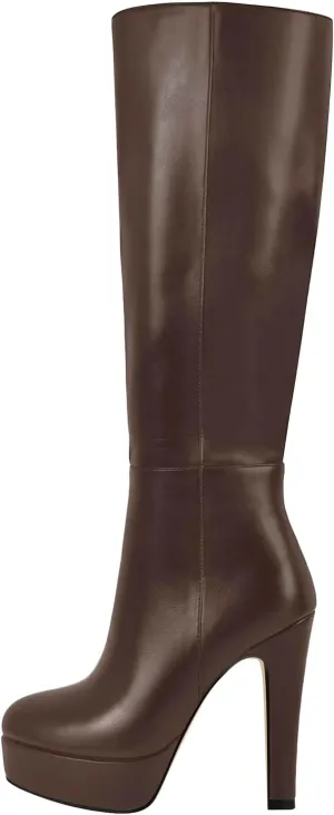Women's Platform Knee High Boots Solid Color Side Zipper Block High Heels