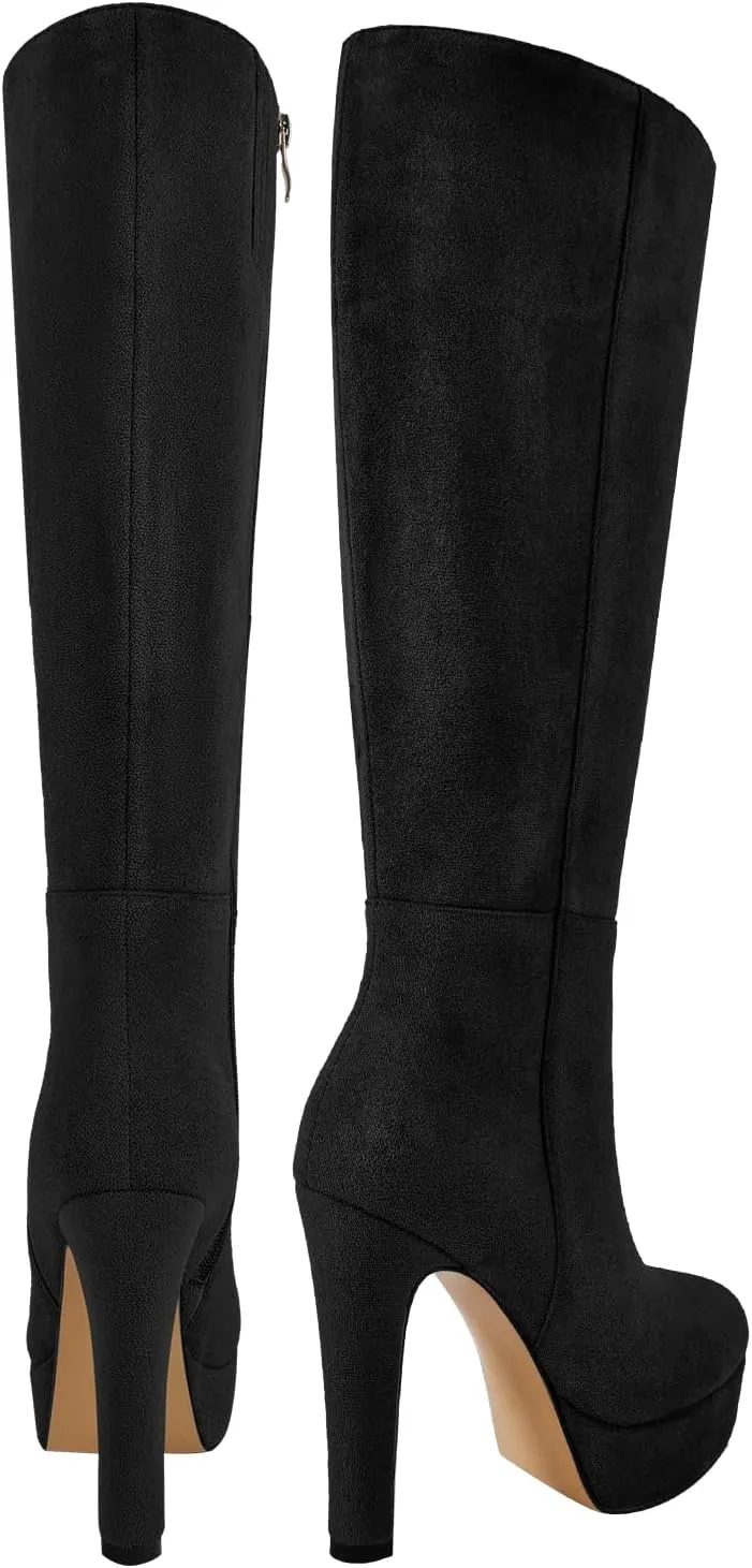 Women's Platform Knee High Boots Solid Color Side Zipper Block High Heels