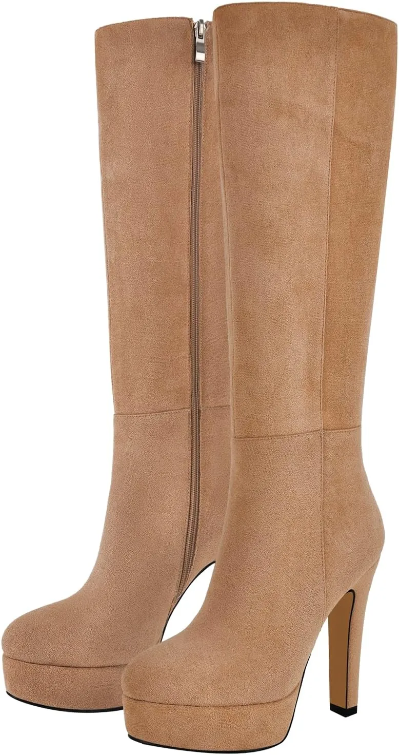Women's Platform Knee High Boots Solid Color Side Zipper Block High Heels