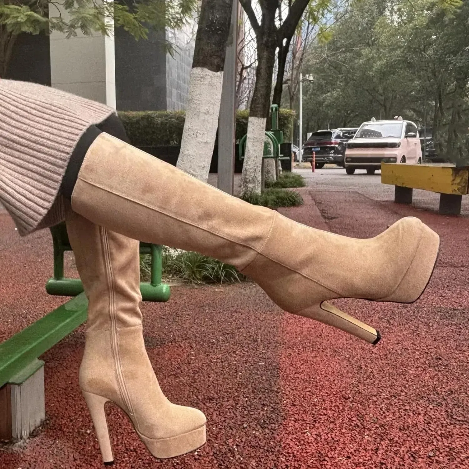 Women's Platform Knee High Boots Solid Color Side Zipper Block High Heels