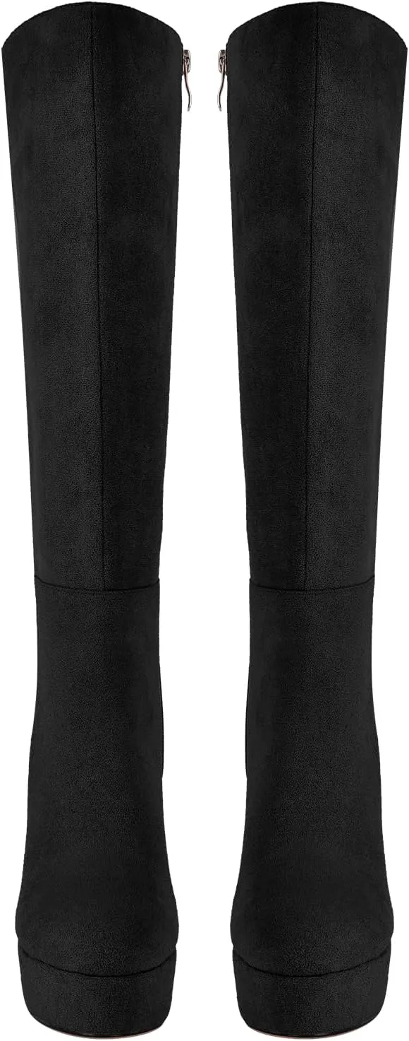 Women's Platform Knee High Boots Solid Color Side Zipper Block High Heels
