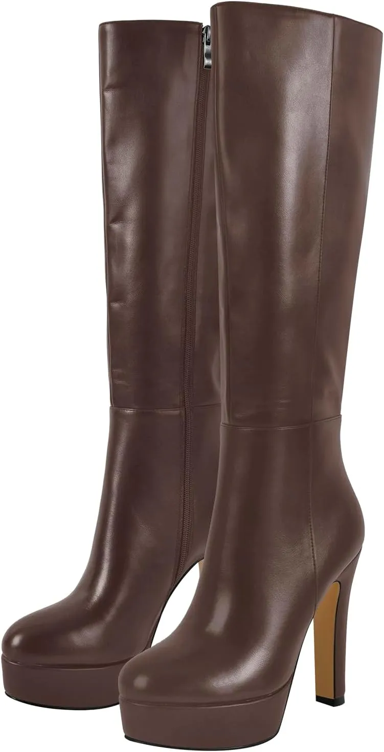 Women's Platform Knee High Boots Solid Color Side Zipper Block High Heels