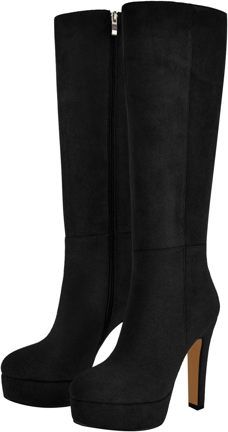 Women's Platform Knee High Boots Solid Color Side Zipper Block High Heels